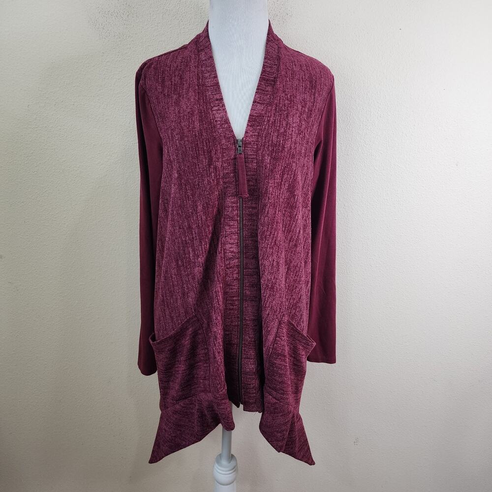 LOGO Lori Goldstein Zip Front Cardigan Pockets Mulberry Knit Sweater Tunic Small